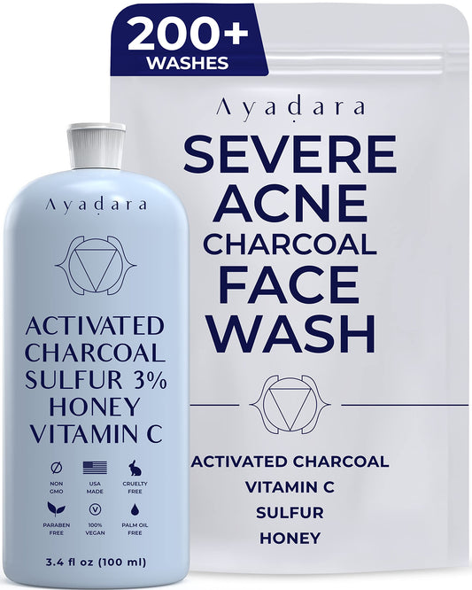 AYADARA Severe Acne Charcoal Face Wash 3.4 oz Daily Face Wash with Sulfur and Honey Charcoal Face Cleanser for Women and Men 200 Uses