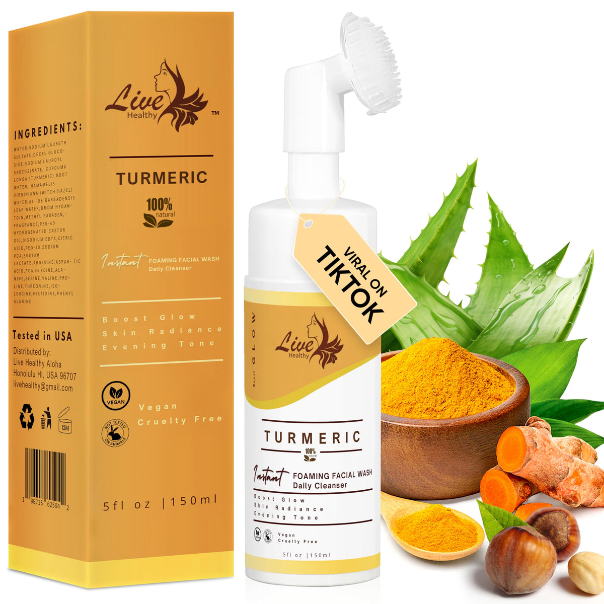Live Healthy Turmeric Foaming Face Wash - Turmeric Face Wash with Brush Deep Cleansing Gentle Facial Cleanser Makeup Remover Natural Formula for Acne Blackhead & Oil Control Hydrating - 150ml