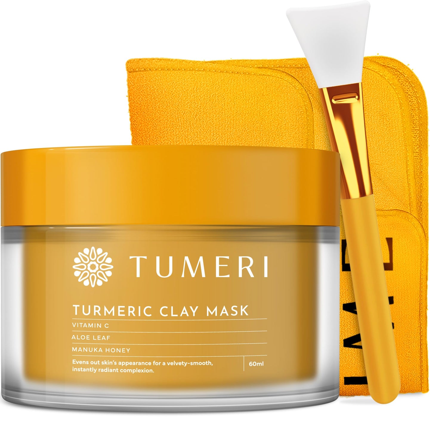 TUMERI Turmeric Clay Mask for Facial Skin Care – Turmeric with Vitamin C Clay Mask with Manuka Honey 2 oz – Facial Mask for Dark Spots Scarring and Cleansing with Face Mask Brush Applicator & Towel